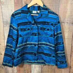 Chico’s‎ Silk Aztec Jacket Size 1 Medium Blue Tribal Boho Blazer Art to Wear